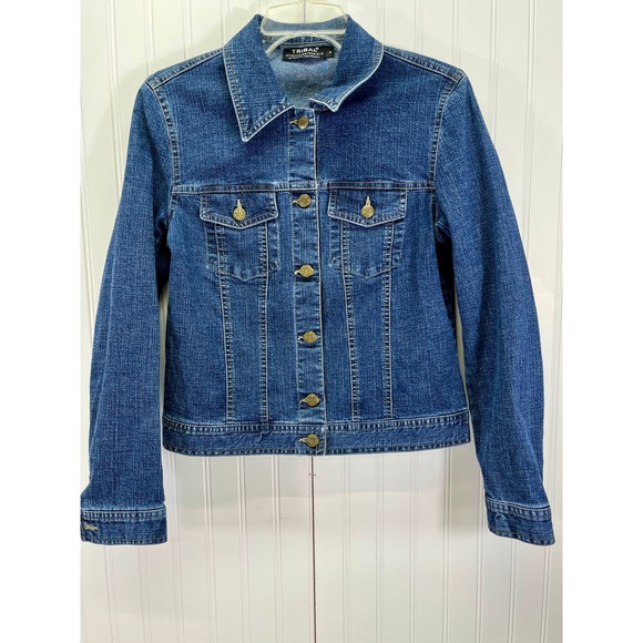 Tribal Stretch Classic Denim Jacket Sz.4 Button Front Adjustable Waist Dark Wash - Picture 5 of 8